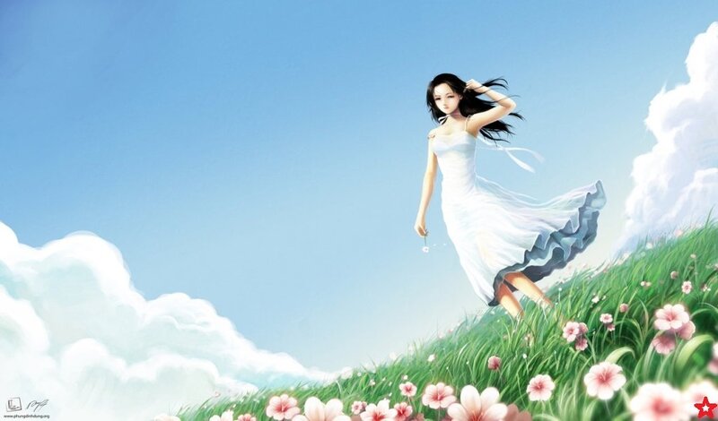 woman in white dress on a flower field