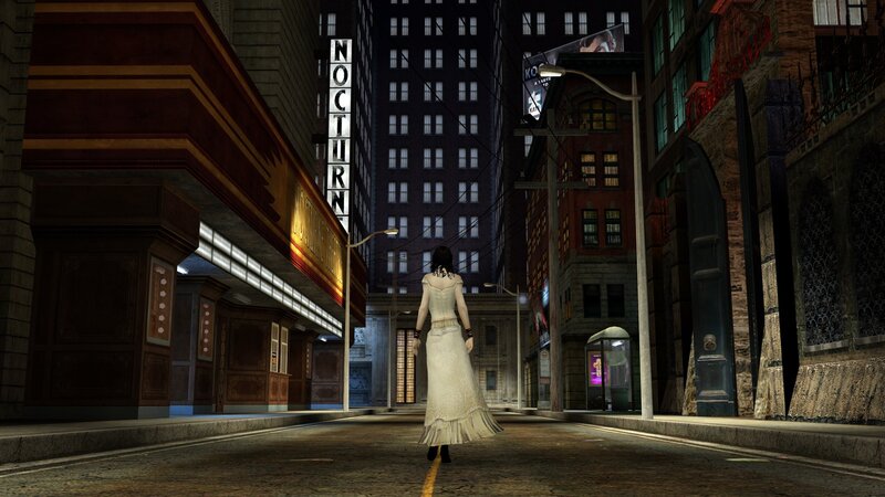 woman in white dress on city street