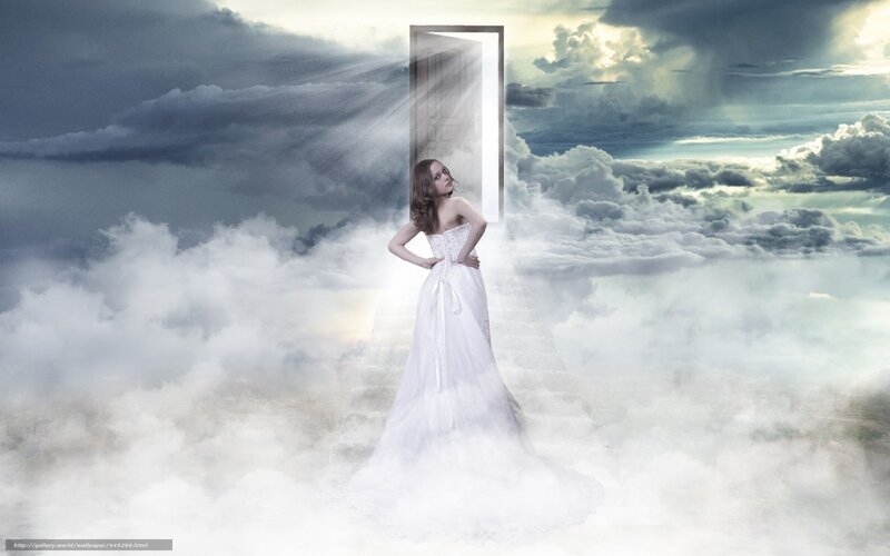 woman in white dress on clouds