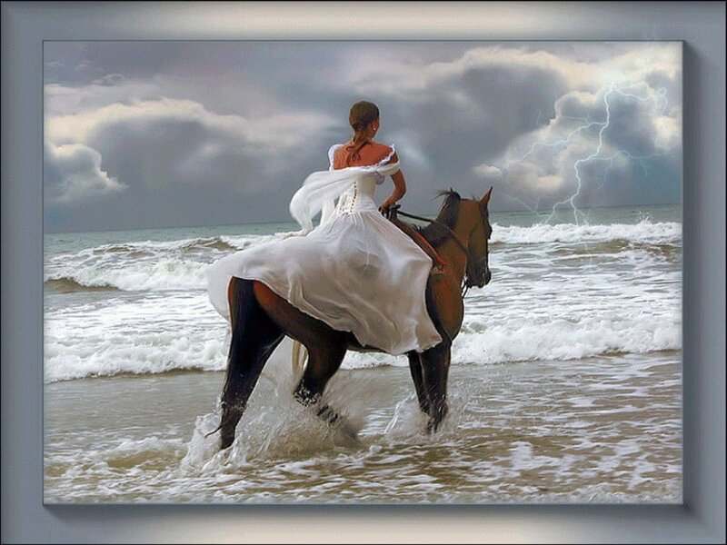 Woman in White Dress on Horse — Dramatic, Digital Art