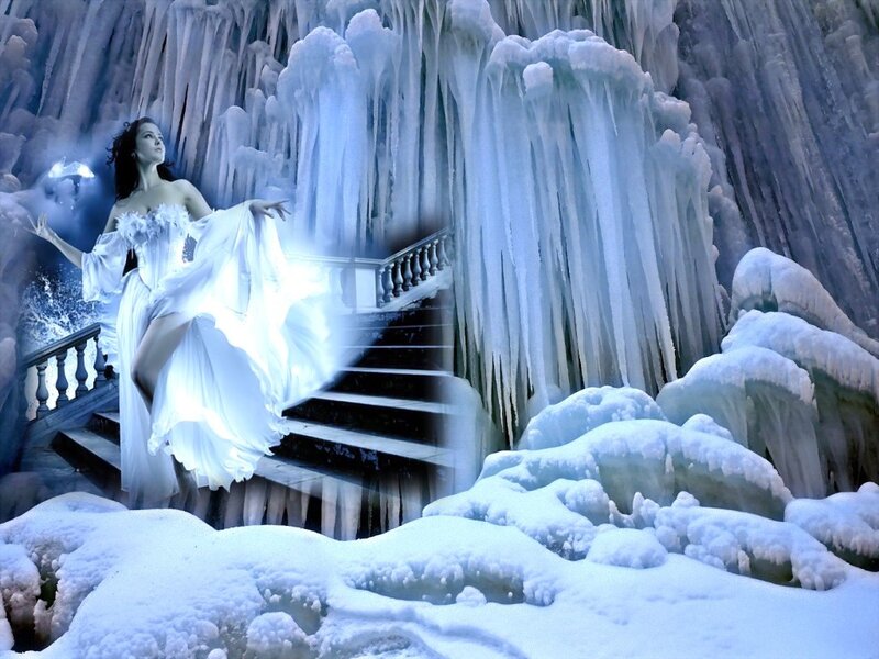 woman in white dress on icy stairs