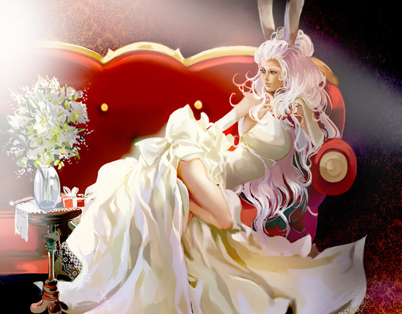 woman in white dress on red couch