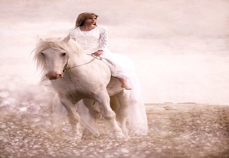 woman in white dress on white horse