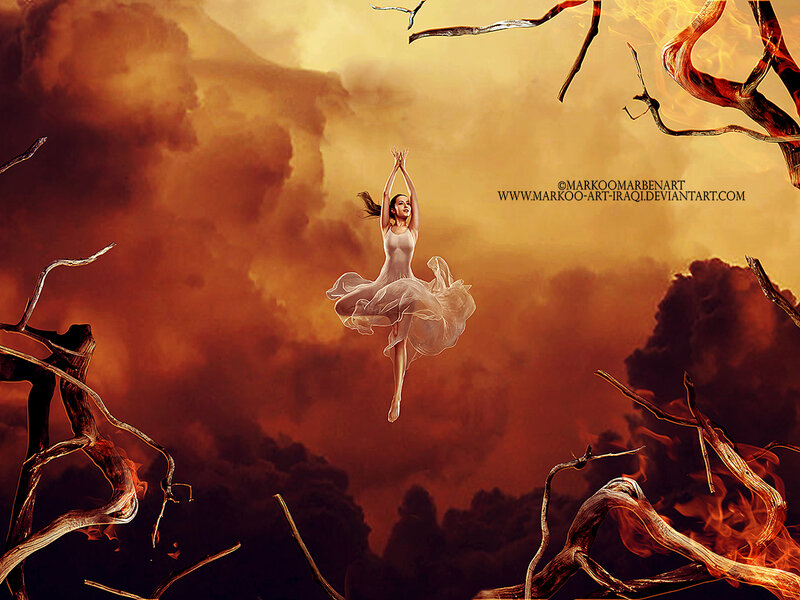 Woman in White Dress — Orange, Dramatic, Sunset, Digital Art, Burning Branches