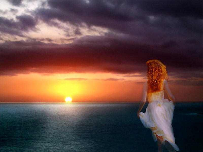 Woman in White Dress — Orange, Dramatic, Sunset, Digital Art, Ocean