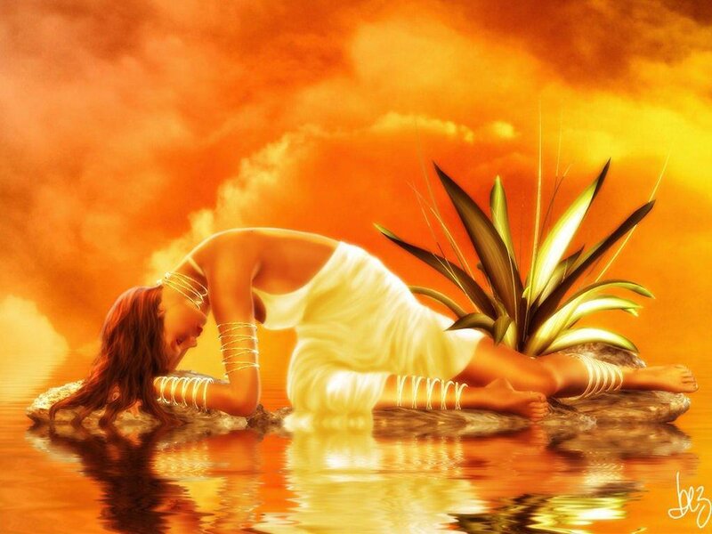 Woman in White Dress — Orange, Dramatic, Sunset, Digital Art, Plant