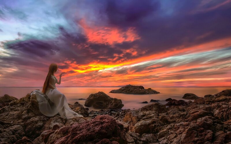 Woman in White Dress — Orange, Dramatic, Sunset, Digital Art, Rocks