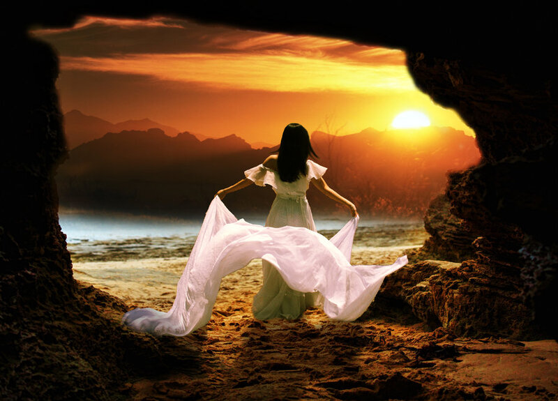 Woman in White Dress — Orange, Dramatic, Sunset, Digital Art