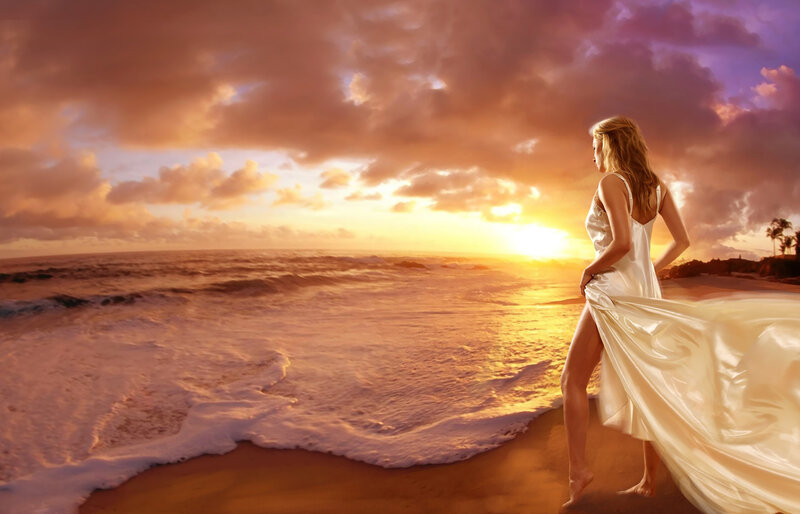 Woman in White Dress — Orange, Dramatic, Sunset, Photograph, Beach