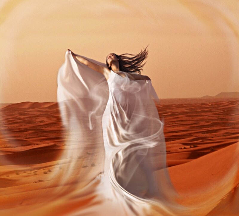 Woman in White Dress — Orange, Dramatic, Sunset, Photograph, Desert