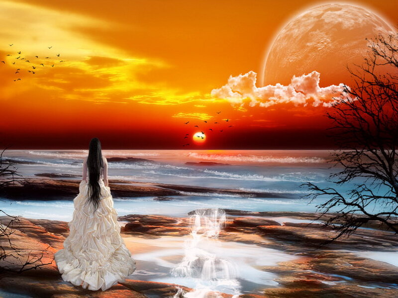 Woman in White Dress — Orange, Dramatic, Sunset