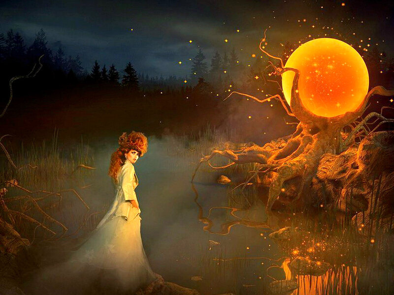 Woman in White Dress — Orange, Mystical, Night