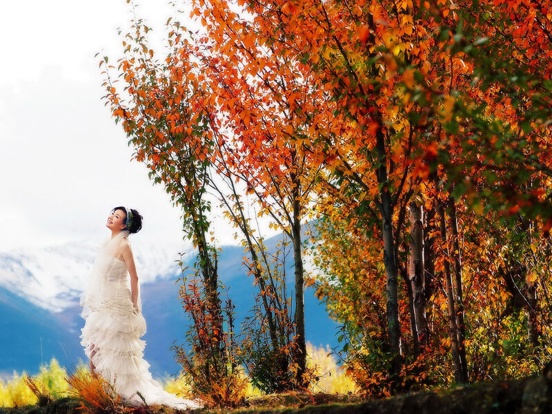 Woman in White Dress — Orange, Serene, Autumn