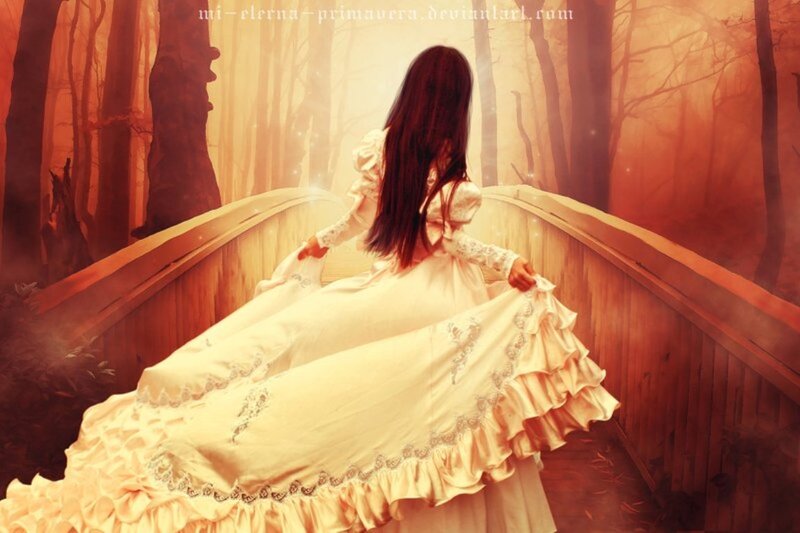 Woman in White Dress — Orange, Serene, Sunset, Digital Art