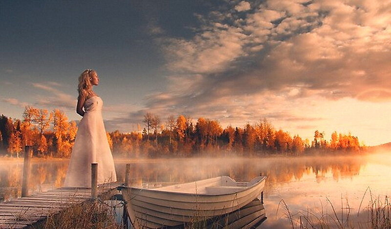 Woman in White Dress — Orange, Serene, Sunset