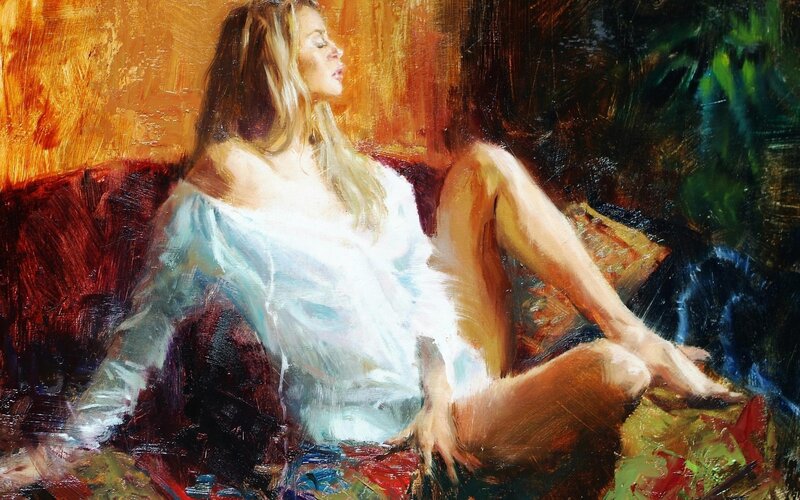 woman in white dress painting