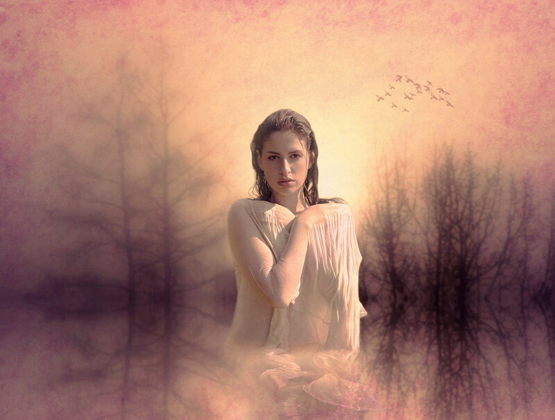 Woman in White Dress — Pink, Dreamy, Sunset