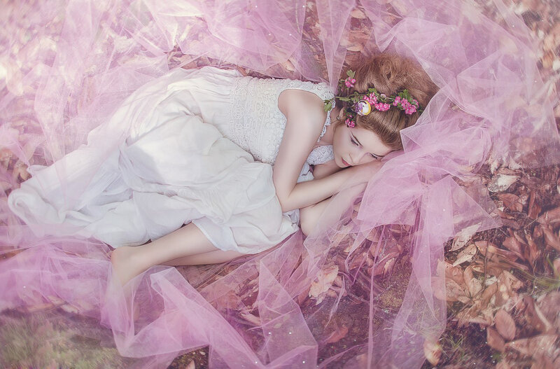Woman in White Dress — Pink, Serene, Autumn