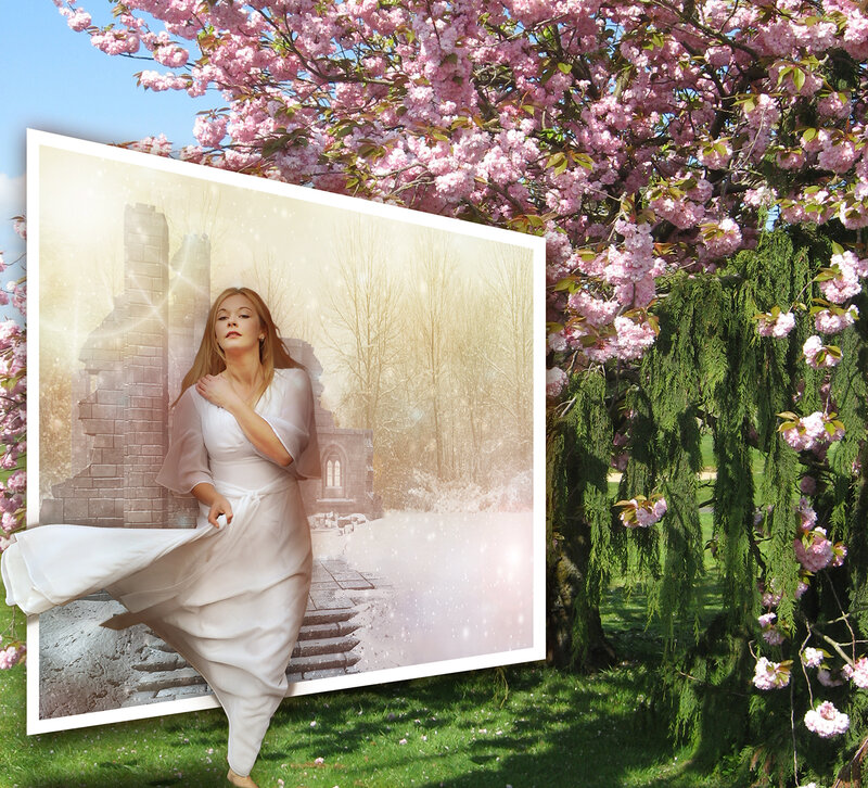 Woman in White Dress — Pink, Serene, Spring, Digital Art
