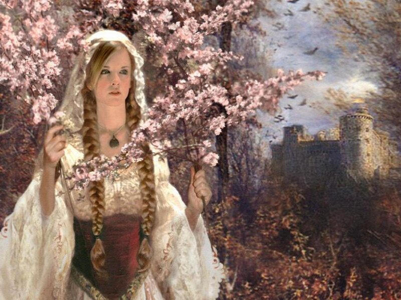 Woman in White Dress — Pink, Serene, Spring, Painting