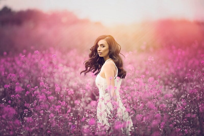 Woman in White Dress — Pink, Serene, Sunset, Photograph, Flowers