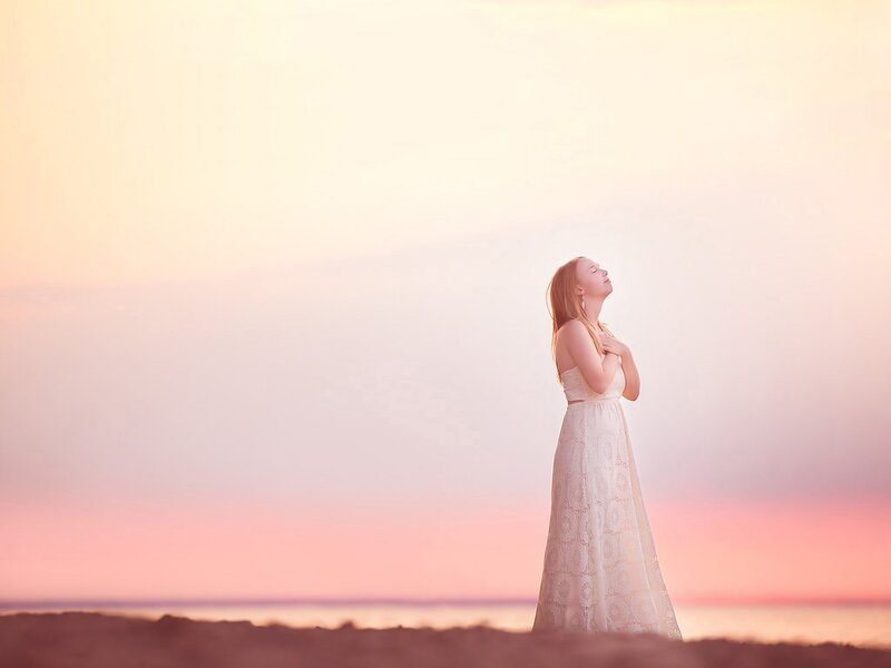 Woman in White Dress — Pink, Serene, Sunset, Photograph, Sky