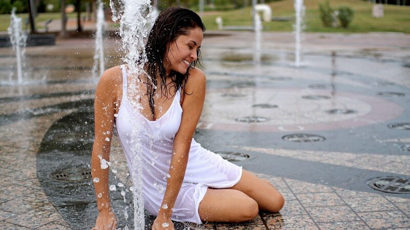Woman in White Dress — Playful, Afternoon, Photograph, Fountain, Spray, Park