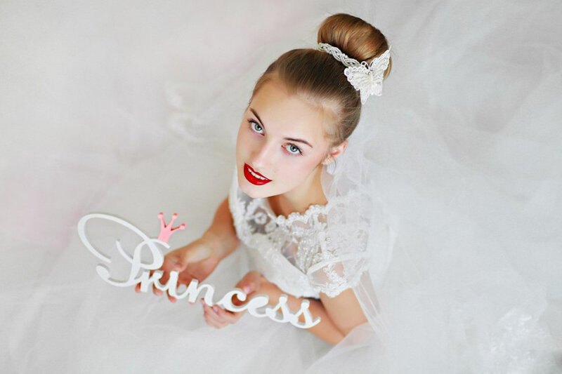 Woman in White Dress — Playful, Photograph, Crown