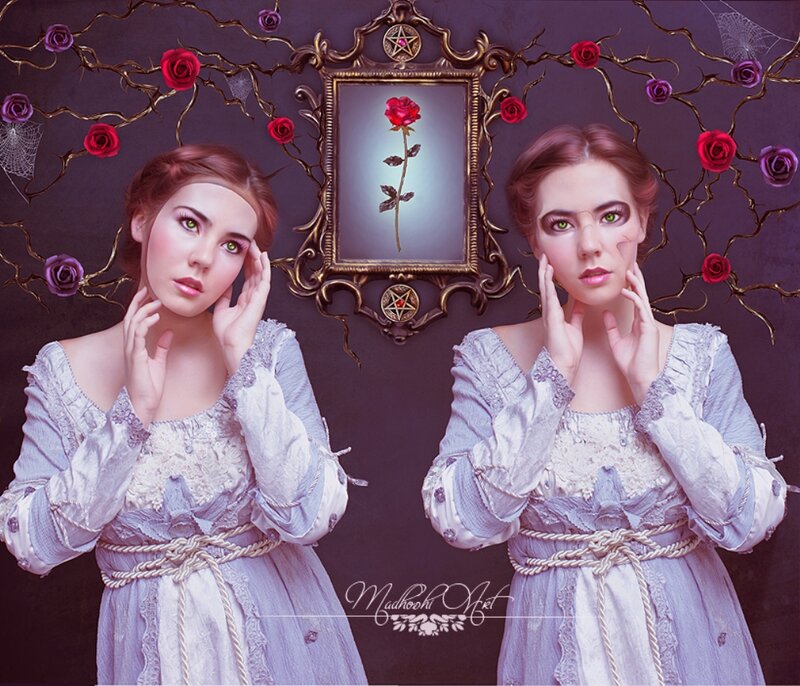 Woman in White Dress — Purple, Dramatic, Digital Art, Roses