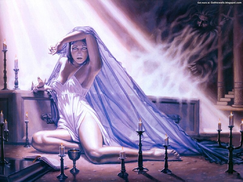 Woman in White Dress — Purple, Dramatic, Night, Digital Art, Candles