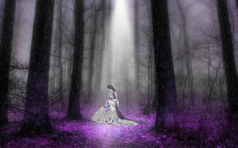 Woman in White Dress — Purple, Dramatic, Night, Digital Art, Forest
