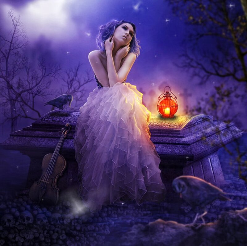 Woman in White Dress — Purple, Dramatic, Night, Digital Art, Lantern