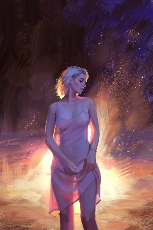 Woman in White Dress — Purple, Dramatic, Night, Digital Art, Light
