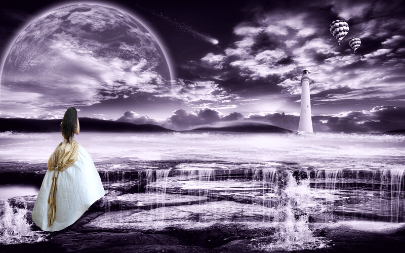 Woman in White Dress — Purple, Dramatic, Night, Digital Art, Lighthouse
