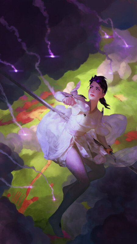 Woman in White Dress — Purple, Dramatic, Night, Digital Art, Sword
