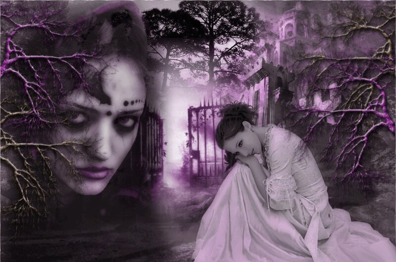 Woman in White Dress — Purple, Dramatic, Night, Digital Art, Tree Roots