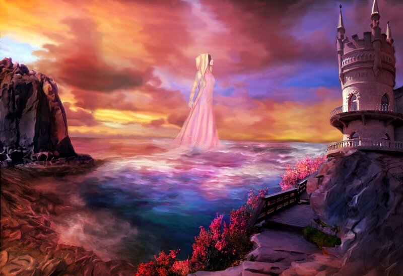Woman in White Dress — Purple, Dramatic, Sunset, Digital Art, Castle