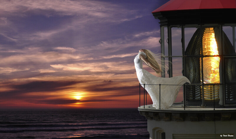 Woman in White Dress — Purple, Dramatic, Sunset, Digital Art, Lighthouse
