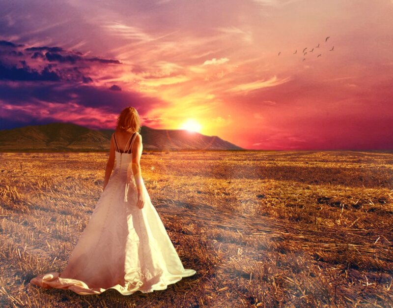 Woman in White Dress — Purple, Dramatic, Sunset, Digital Art