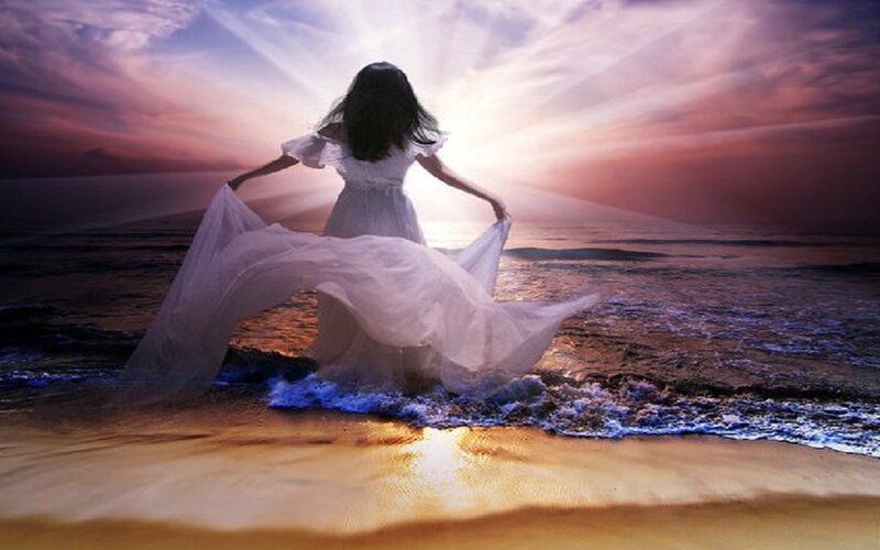 Woman in White Dress — Purple, Dramatic, Sunset