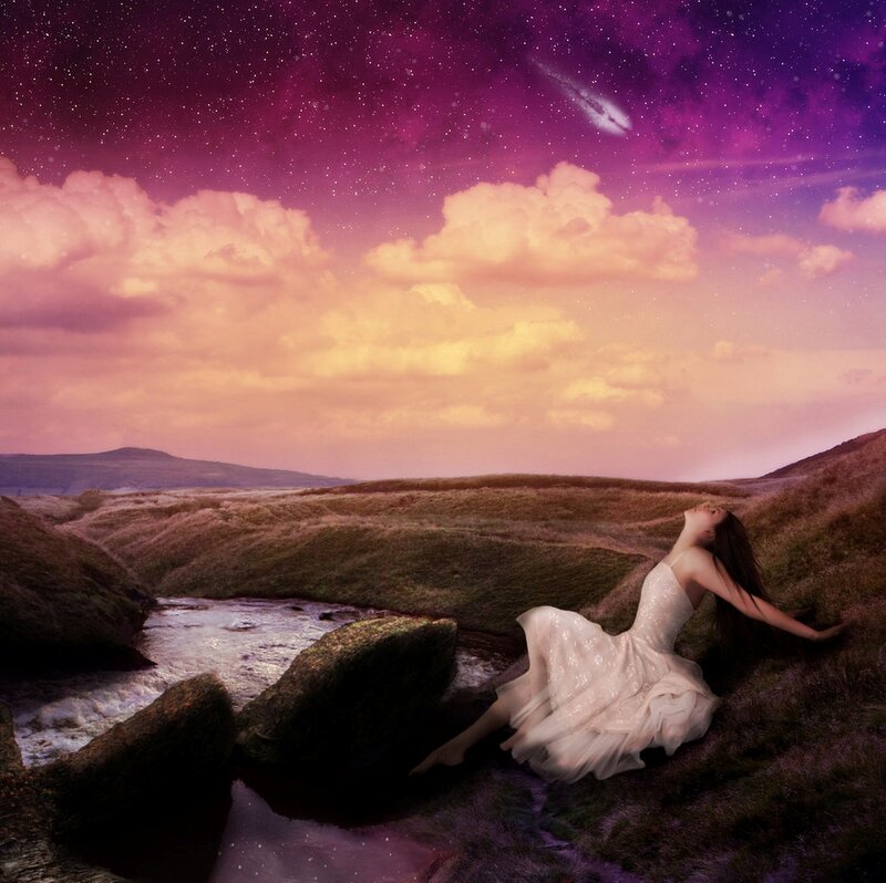 Woman in White Dress — Purple, Dreamy, Night, Digital Art, River