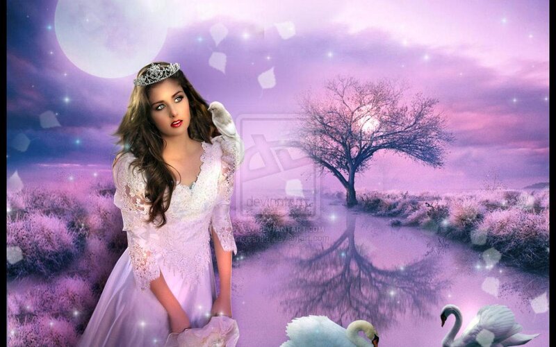 Woman in White Dress — Purple, Dreamy, Night, Digital Art, Swan, Tree