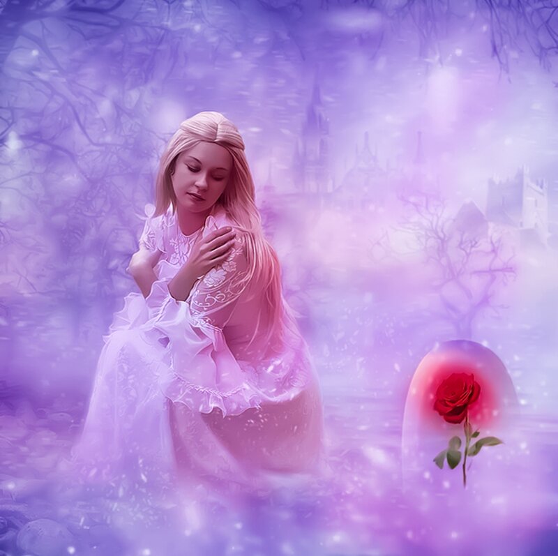 Woman in White Dress — Purple, Dreamy, Serene