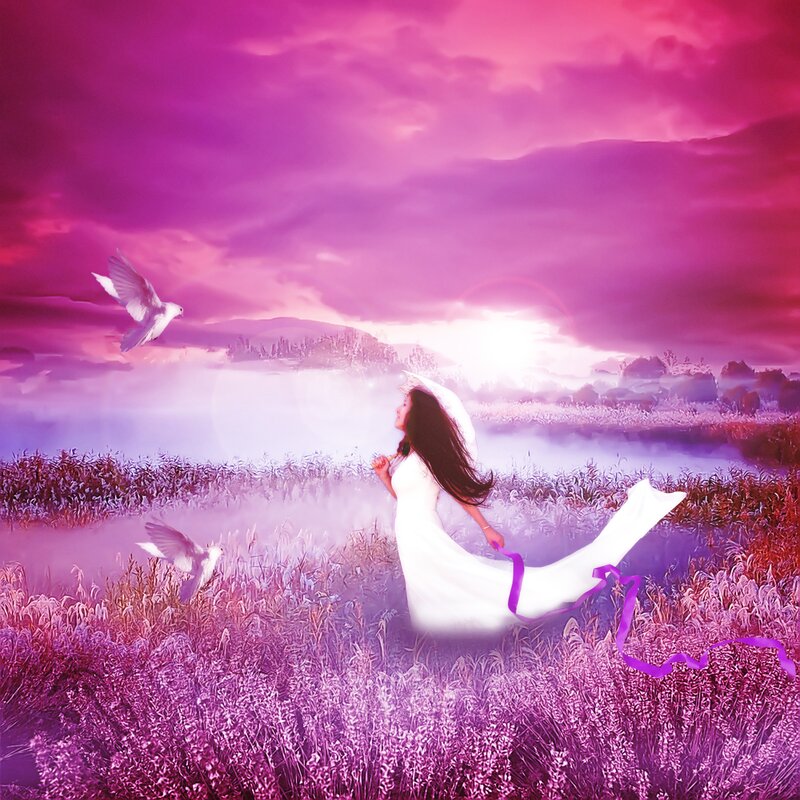 Woman in White Dress — Purple, Dreamy, Sunset