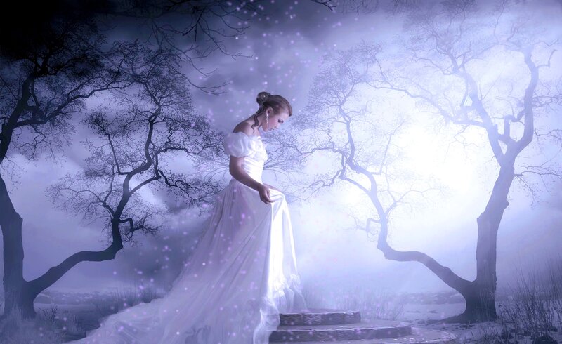 Woman in White Dress — Purple, Mystical