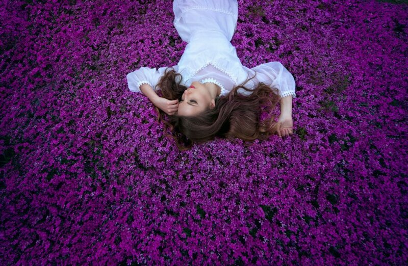Woman in White Dress — Purple, Serene, Afternoon, Photograph, Purple Flowers