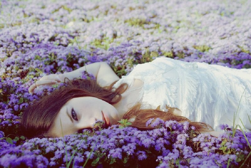 Woman in White Dress — Purple, Serene, Afternoon