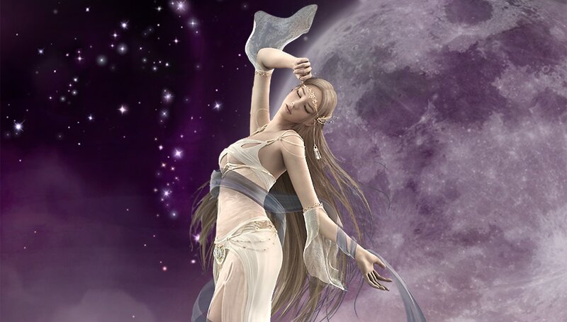 Woman in White Dress — Purple, Serene, Mystical