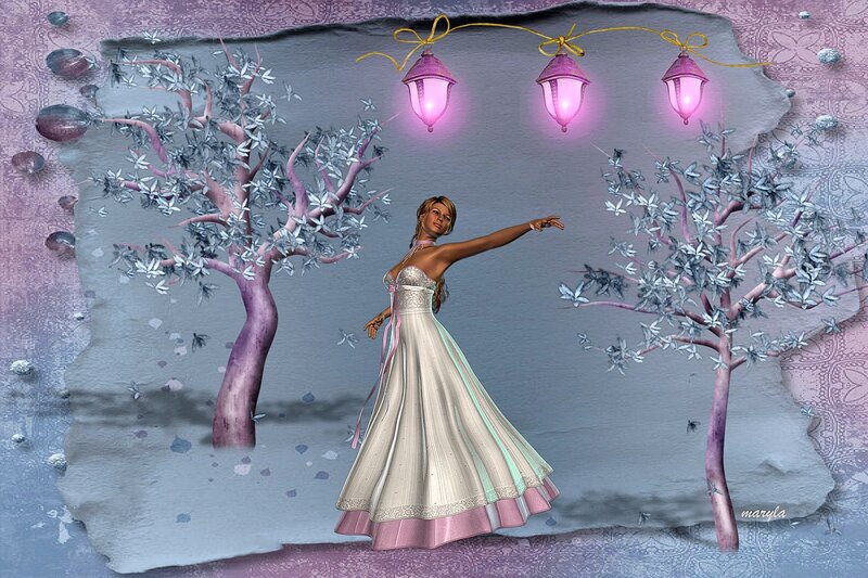 Woman in White Dress — Purple, Serene, Night, Digital Art, Lanterns