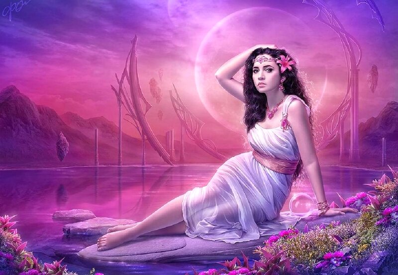Woman in White Dress — Purple, Serene, Night, Digital Art, Moon, Flowers, Lake